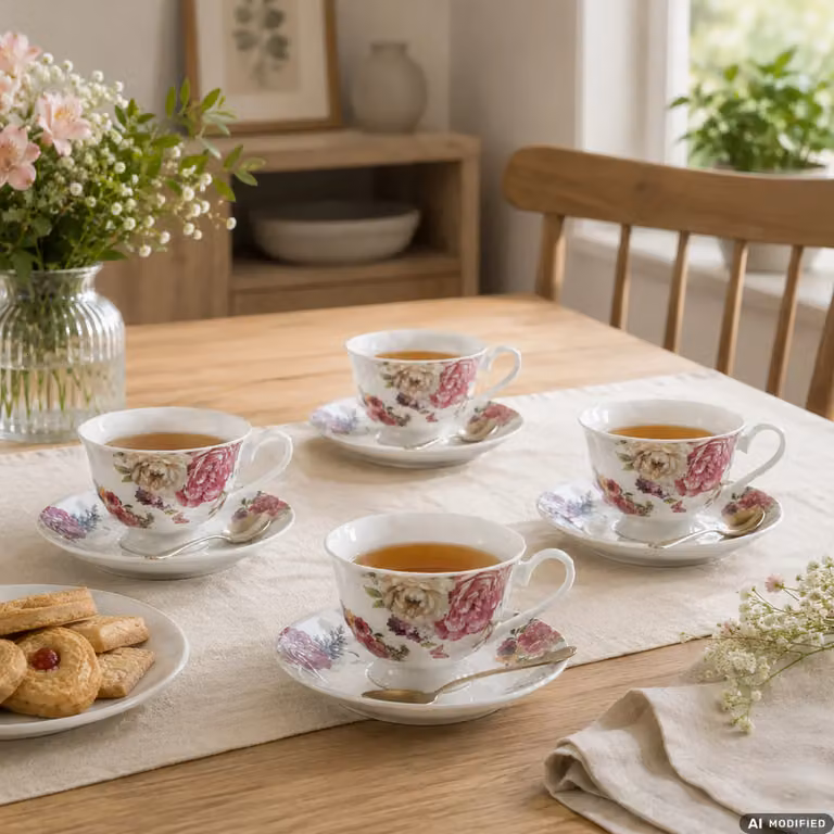 GUSTO CASA Servizio da Tè Romantic in Ceramica Bianca con Motivo Floreale, 4 Tazze da 20 cl e Piattino