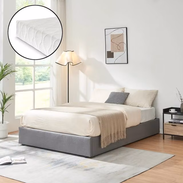 Letto Francese Contenitore Nola en.casa con Materasso, Apertura a Ribalta, Rivestimento in Tessuto Lino, Grigio, L/P: 140 x 200 cm