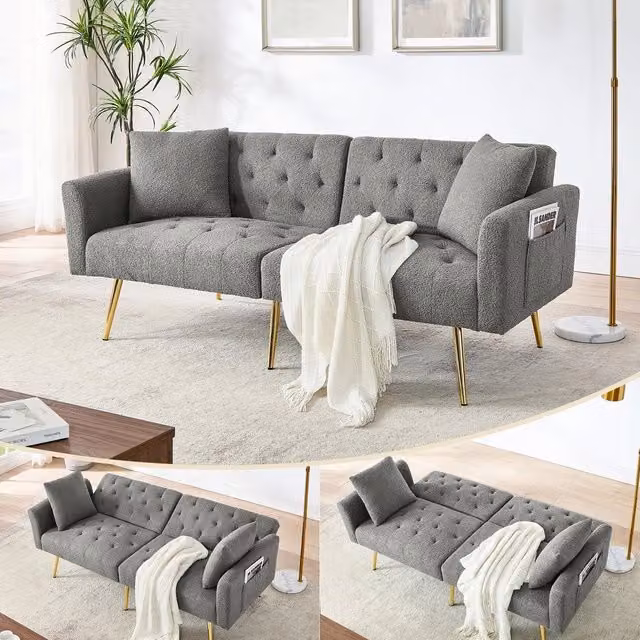 Divano 2 posti ¨C Minimal ¨C Grigio, velluto teddy boucl¨¦, gambe in metallo, cuscini inclusi, schienale regolabile