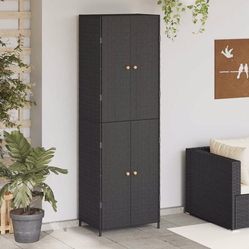 Armadietto Portaoggetti da Giardino vidaXL in Polyrattan e Legno di Acacia, Nero, L: 59 cm, P: 40 cm, H: 180 cm