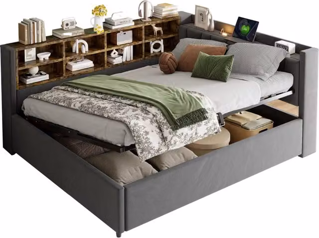 Letto imbottito 140x200 cm con contenitore idraulico; luce notturna e prese USB; velluto grigio scuro
