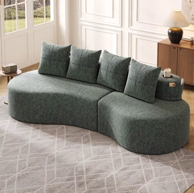 Divano ULEVR 240x109x60 cm in lino verde con 4 cuscini, portabicchieri e tasche laterali