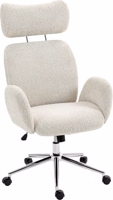 Sedia da Ufficio Ergonomica Girevole in Bouclé con Poggiatesta Regolabile e Funzione Dondolo, Grigio Chiaro e Bianco
