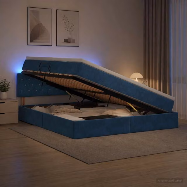 Letto con contenitore e illuminazione LED vidaXL in velluto blu con materasso a molle L/P/H: 140 x 200 x 44 cm – 1