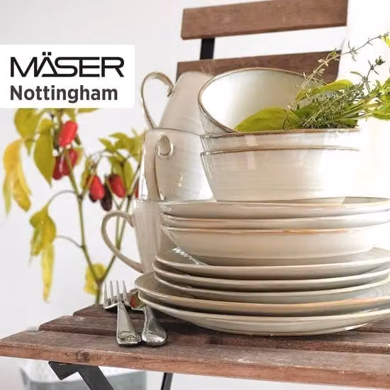 Set da tavola Nottingham Vintage per 4 persone, 20 pezzi di servizio combi con forme irregolari a forma rotonda in stile retro, materiale ceramico, colore beige