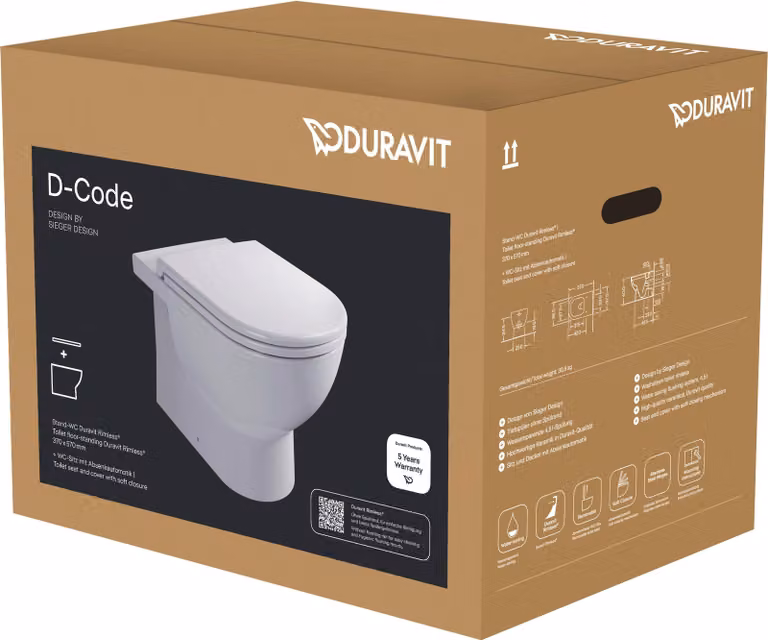 Set WC Duravit D-Code, en îlot, avec siège de WC à fermeture amortie, 570 × 370 × 400 mm, blanc ultra-brillant, 40370900A1, 40370900A1