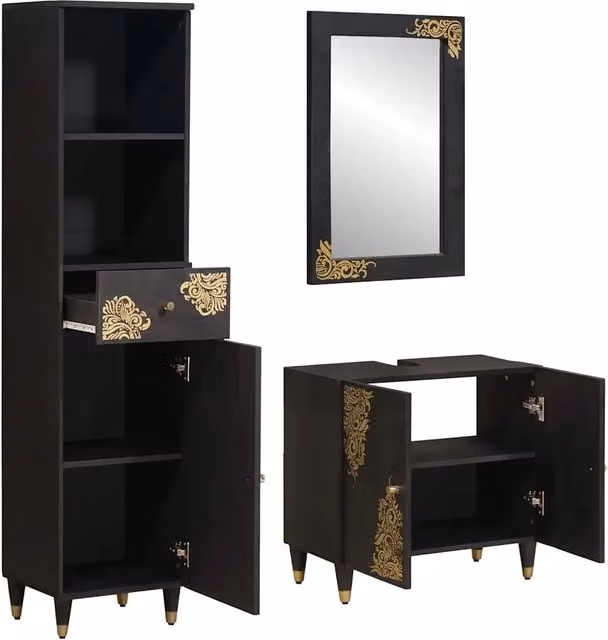 Set di Armadi da Bagno | Armadio da bagno 3 pz Nero Legno di mango massello