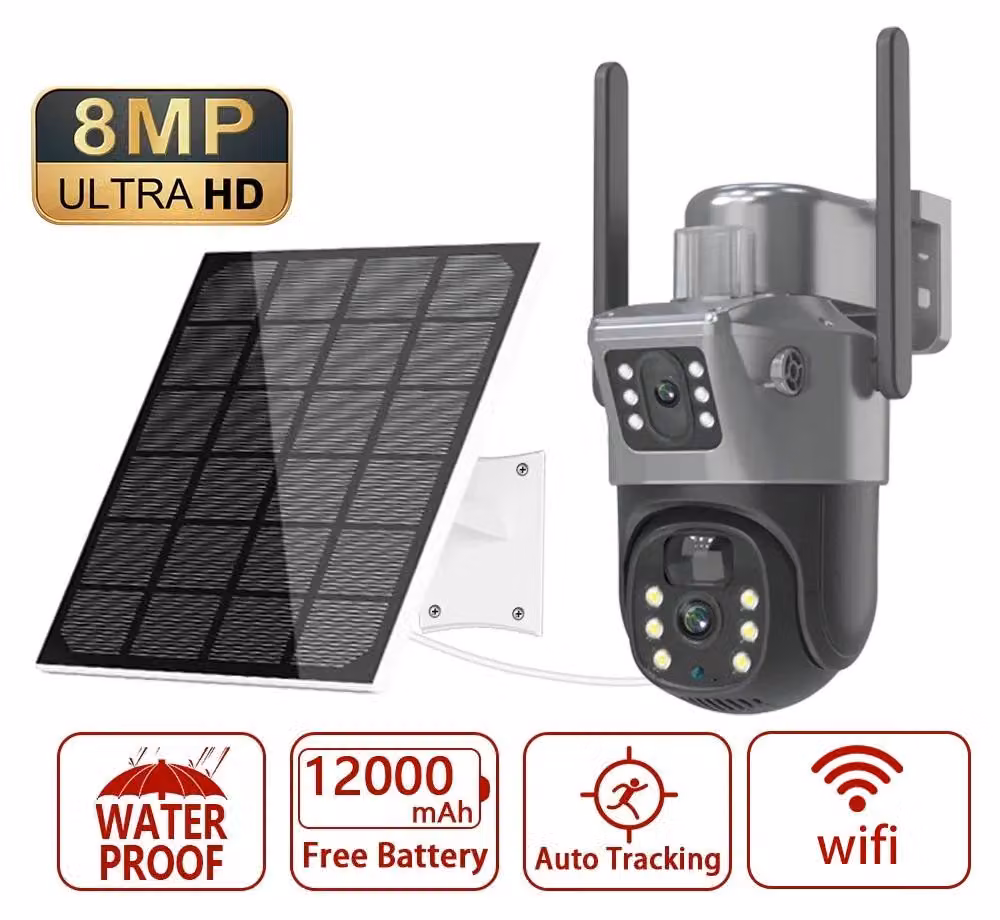Telecamera di sorveglianza solare 4K da 8 megapixel - Doppio schermo - WiFi - PTZ (controllo panoramico, inclinazione e zoom) - Doppio obiettivo - Tracciamento automatico - Per uso esterno