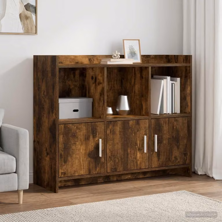 Credenza moderna vidaXL in legno ingegnerizzato e metallo, Rovere Fumo, L: 98,5 cm, P: 33 cm, H: 80 cm