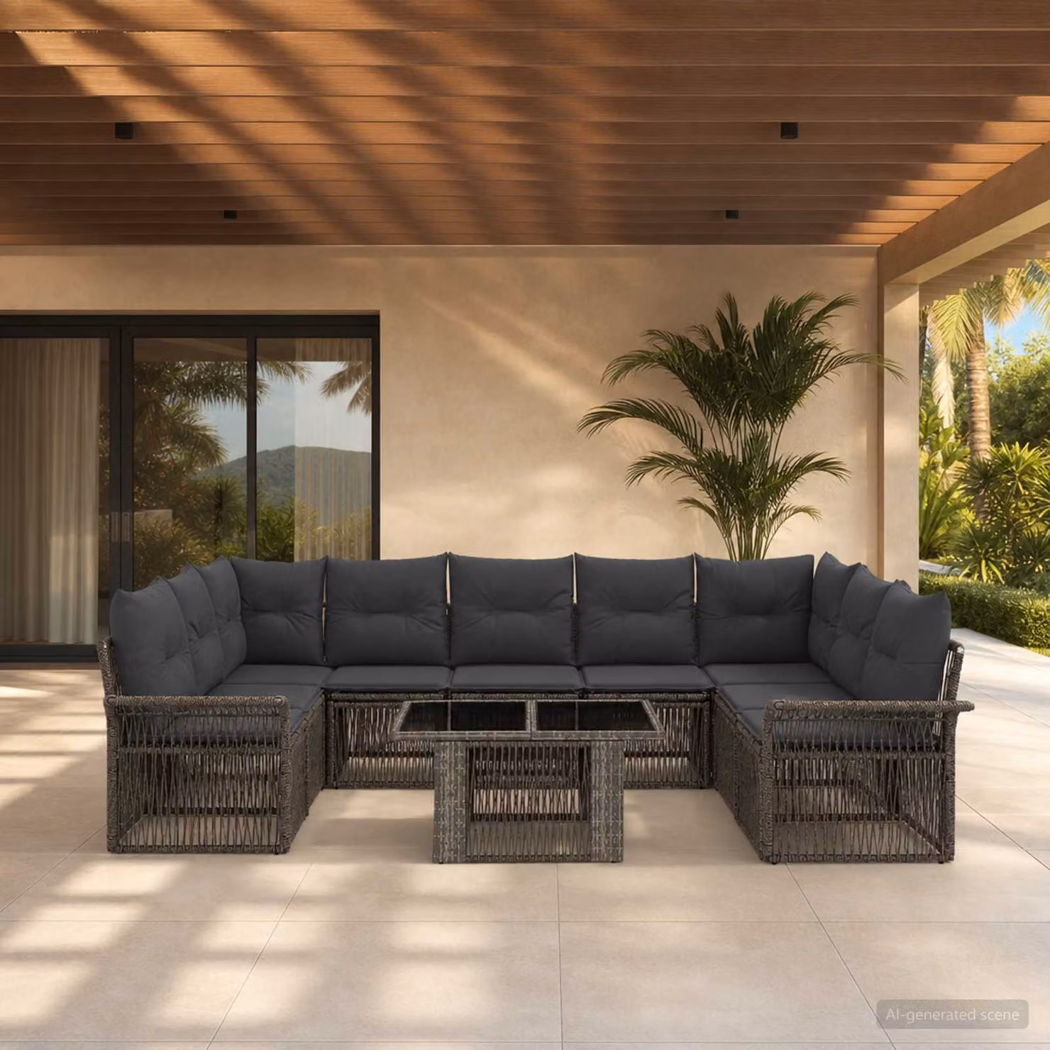 Set Divano da Giardino vidaXL 10 Pezzi a Forma di U in Polyrattan Grigio e Antracite con Tavolino e Cuscini