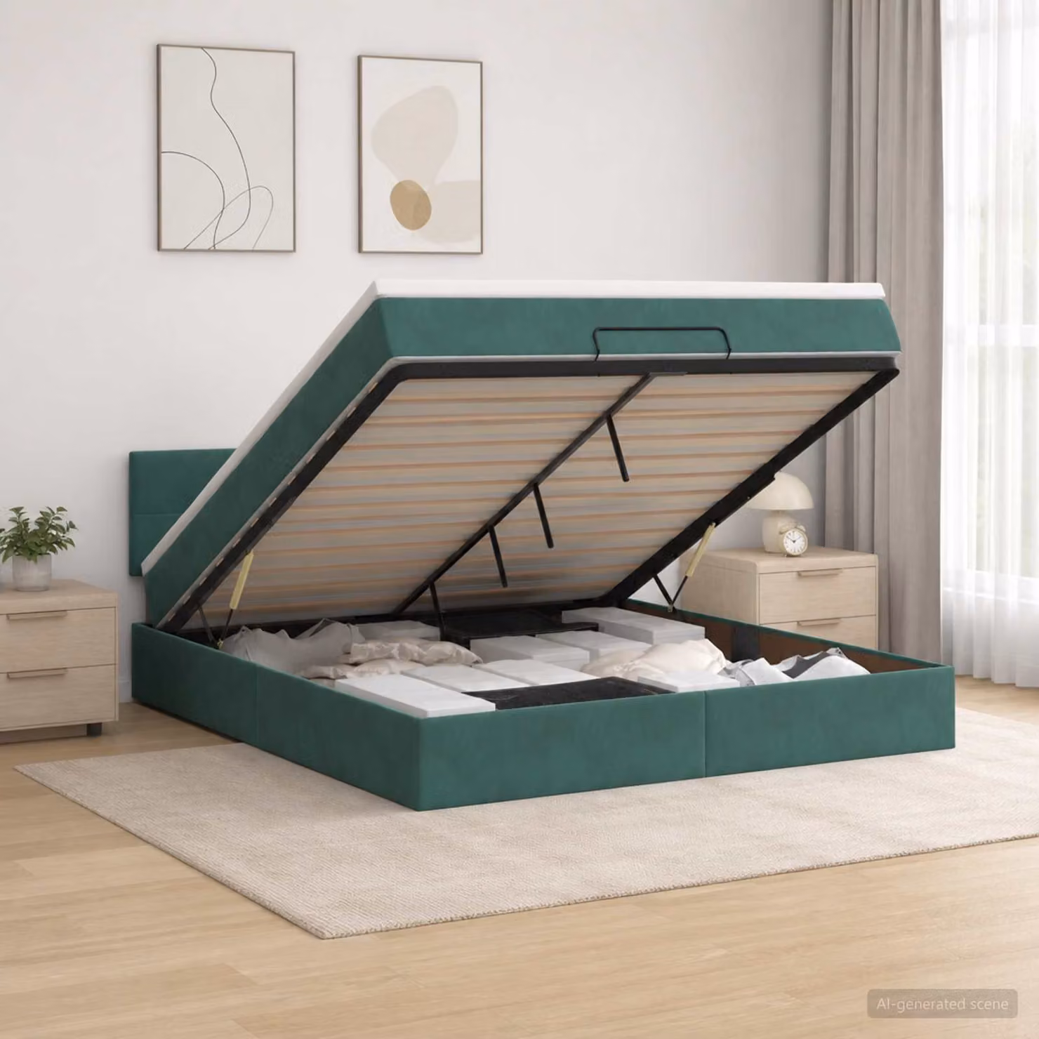 Letto Ottomano vidaXL con Materasso Ibrido e Illuminazione LED Verde Scuro L: 160 cm, P: 200 cm, H: 88 cm