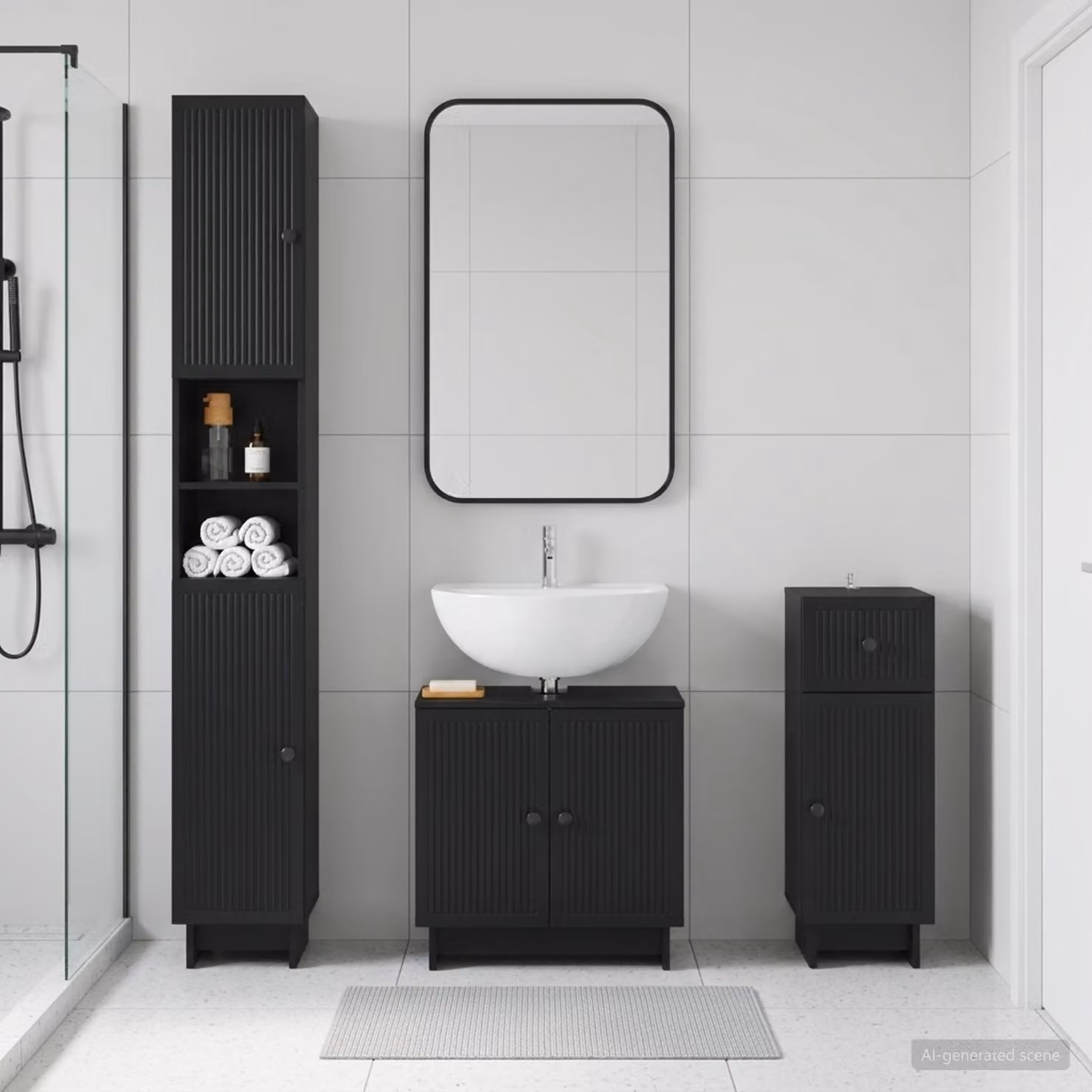 Set di mobili da bagno moderni vidaXL EDE in 3 pezzi, colore nero opaco, con mobile sottolavabo, armadio alto e mobile laterale