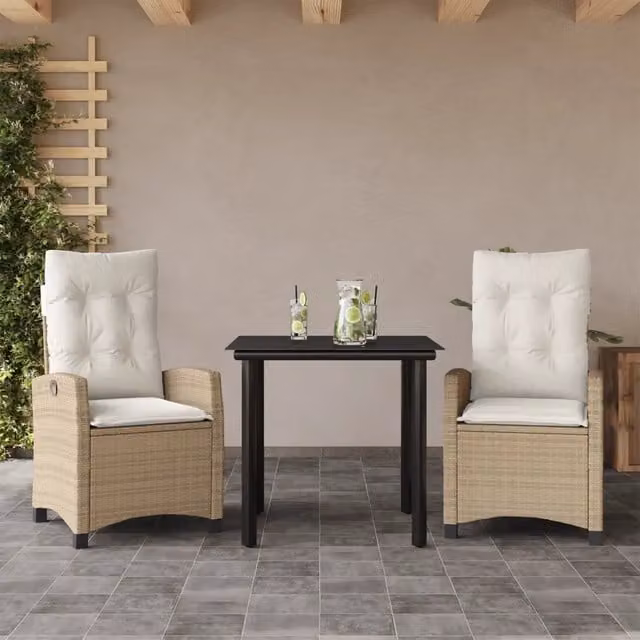 Set da pranzo da giardino 3 pezzi vidaXL in polyrattan con cuscini beige e piano in vetro – 1