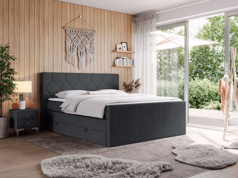 Letto boxspring con materasso matrimoniale, due cassetti portaoggetti, coprimaterasso, per camera da letto - KING EIGAR - 140x200 cm - Grigio scuro - H3