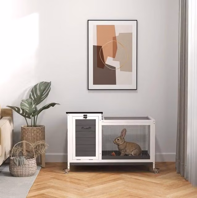 Conigliera in Legno con Spazio di Corrida, Tetto Richiudibile e Ruote, 92x52x67 cm, Grigio Scuro