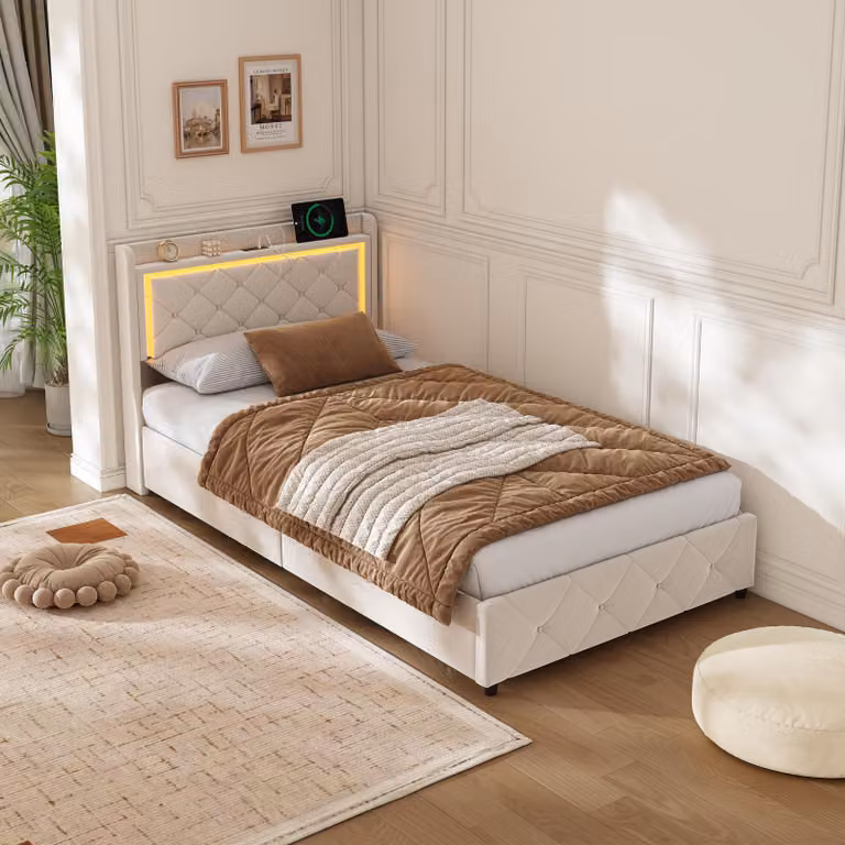 letto 90 x 200 cm con contenitore, illuminazione a LED, connessione USB, contenitore idraulico e testiera, beige