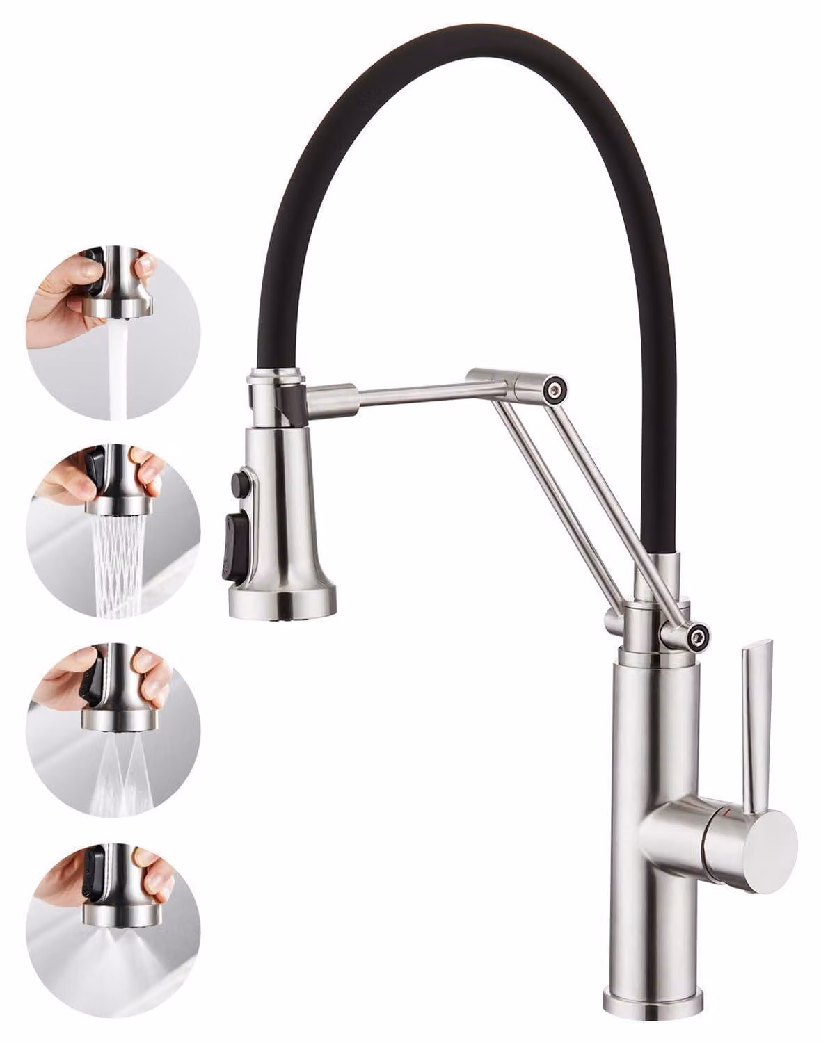 Miscelatore monocomando per lavello da cucina, con doccetta estraibile, 4 getti d'acqua, rotazione a 360°