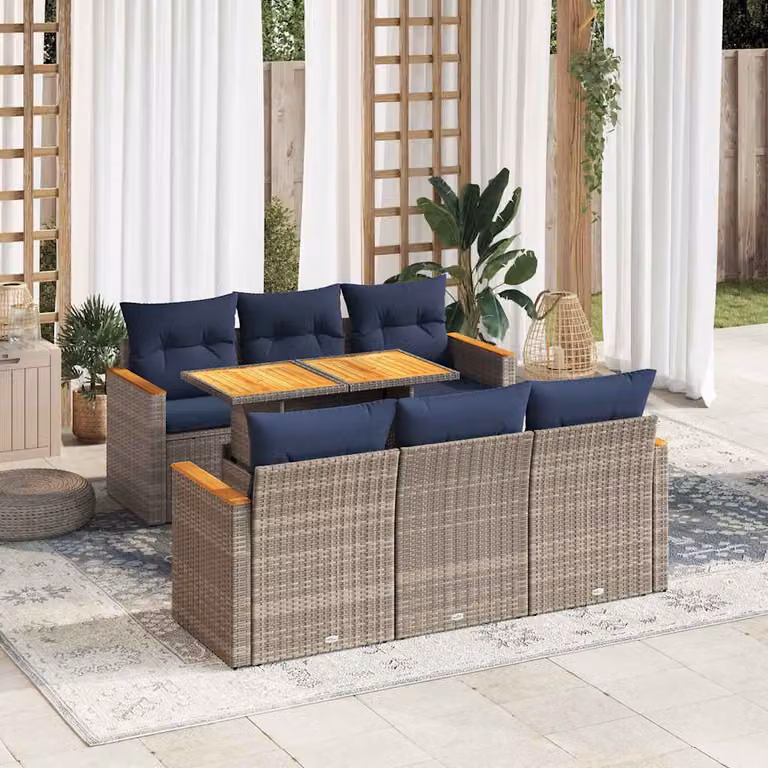 Set di divani da giardino vidaXL in polyrattan e legno di acacia oliato con 7 pezzi e cuscini grigi e blu