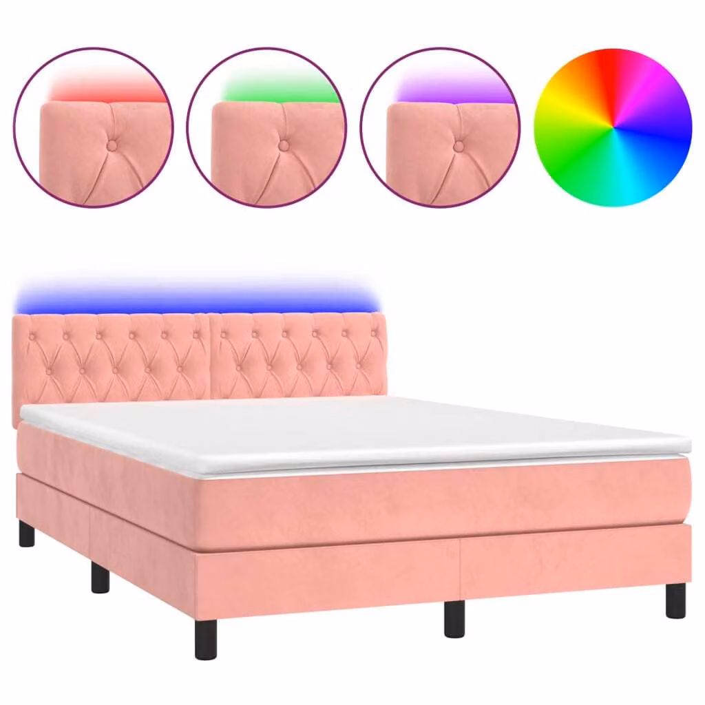 Letto a Molle con Materasso e LED Rosa 140x200 cm in Velluto