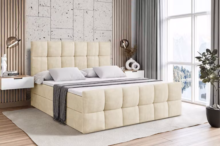 Letto boxspring ALTDECOR con pediera, materasso H3 e topper - 120x200 cm - RICAR-Z - Beige Monolith - Letto imbottito con contenitore e rete a doghe, letto con spazio contenitivo