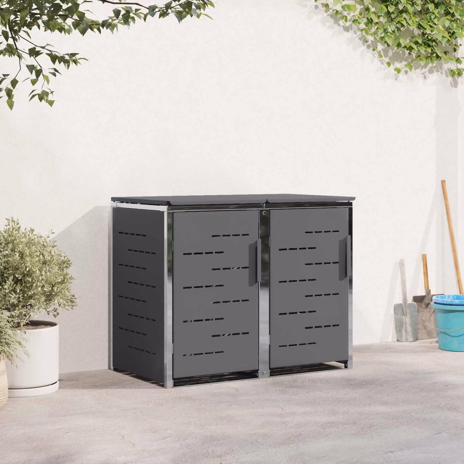 Contenitore per stoccaggio con ruote vidaXL per 2 bidoni da 240L in acciaio inox, colore antracite/grigio, L: 138,0 cm, P: 112,5 cm, H: 77,5 cm