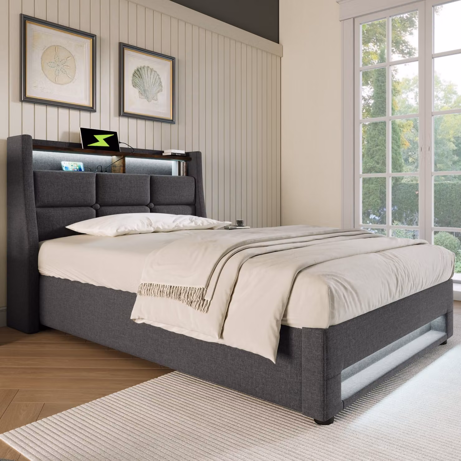 Letti boxspring STILVORA, letto imbottito 90x200 cm per ragazzi, struttura letto con contenitore idraulico dotato di illuminazione a LED e porta USB, rivestimento in lino, grigio (senza materasso)