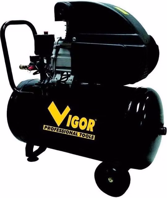 Compressore d'aria Vigour VCA-50L con 1 cilindro a trasmissione diretta, 2 HP, serbatoio da 50 L, pressione 8 bar e lubrificazione ad olio, colore nero