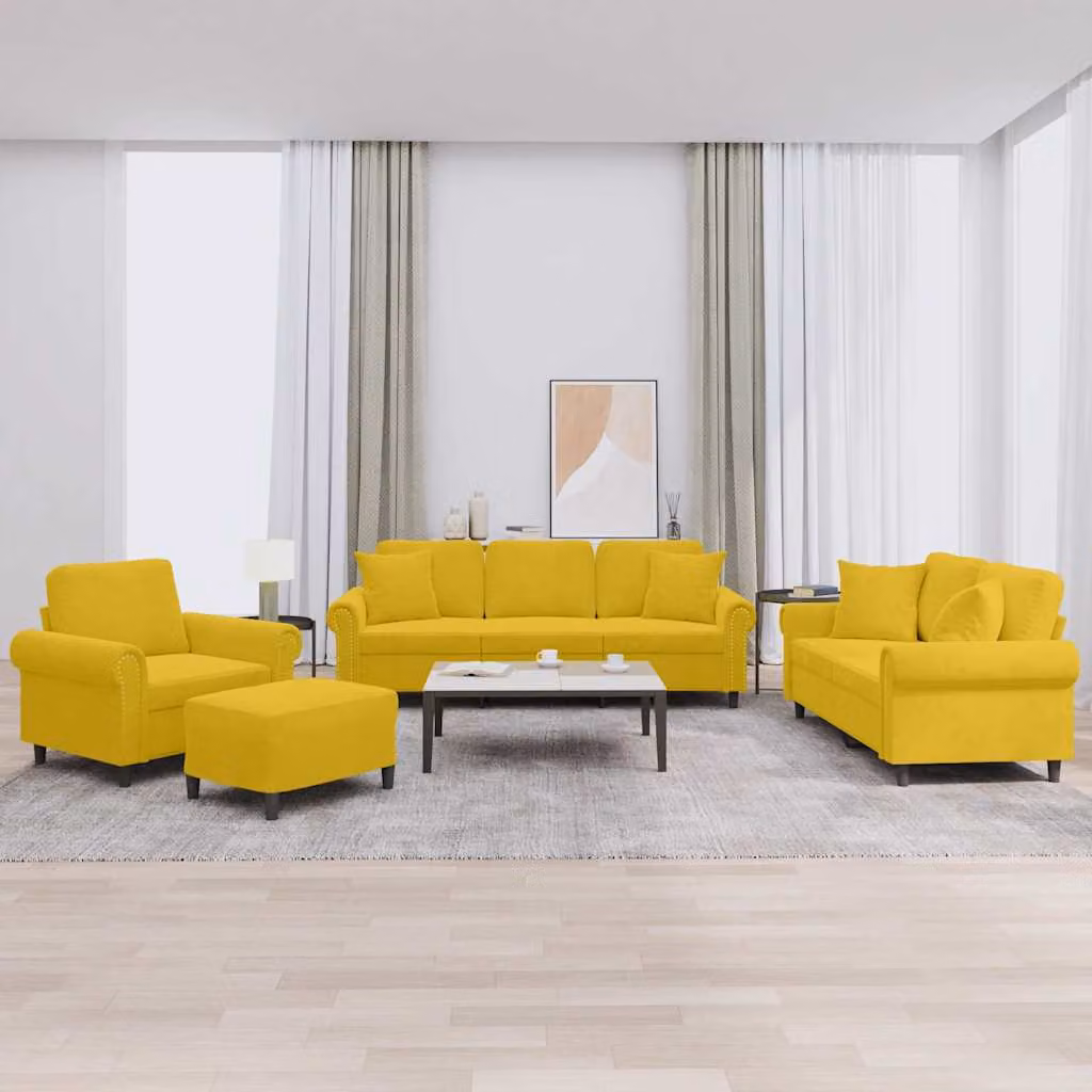 vidaXL Set di Divani Moderno in Velluto Giallo composto da Divano a 3 Posti, Divano a 2 Posti, Poltrona e Pouf con Cuscini