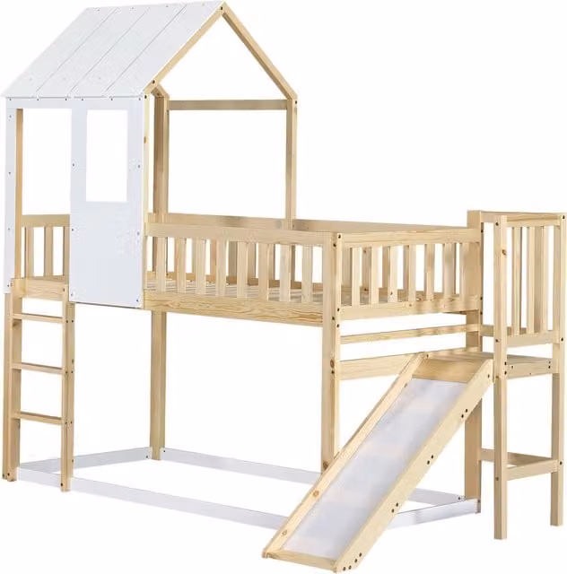 Letto a castello con scivolo, struttura in pino naturale e MDF, 90x200 cm, colore naturale e bianco, con tetto e finestra