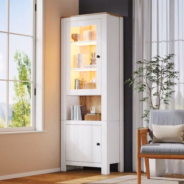 Mobile vetrina alto 70 x 40 x 188 cm; 2 ante; 6 ripiani regolabili; LED; pannello truciolare e vetro; bianco e legno naturale