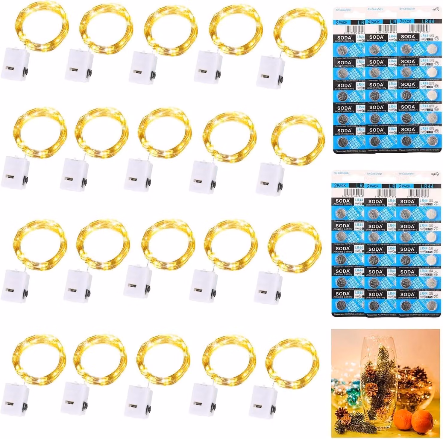 Catena luminosa a LED, 2 metri, 20 LED bianco caldo, 3 modalità, alimentazione a batteria