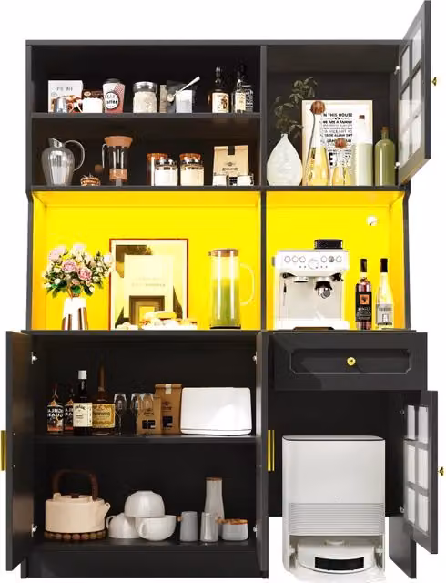 Credenza da cucina alta con ante in vetro e LED; vano per robot aspirapolvere; per cucina; in MDF; nero; 130x45x180 cm