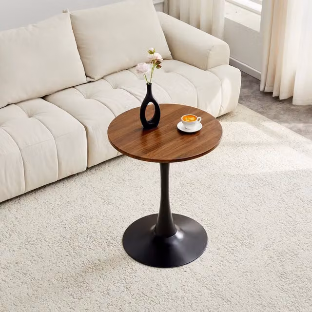 Tavolo da pranzo rotondo con base in metallo, piano effetto noce, stile mid century, per soggiorno, nero, 60 × 72 cm