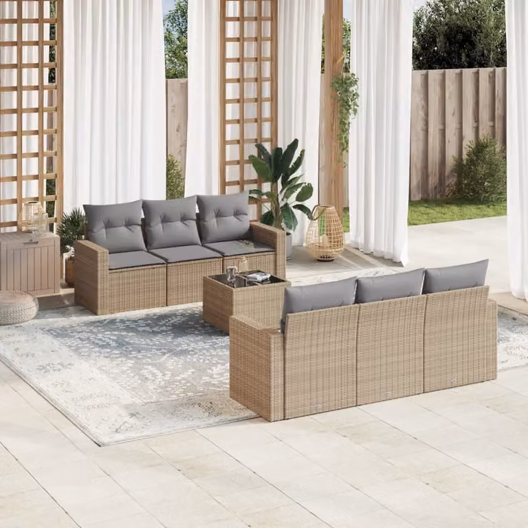 vidaXL Set Divani da Giardino 7 pz in Polyrattan con Cuscini Beige e Grigio