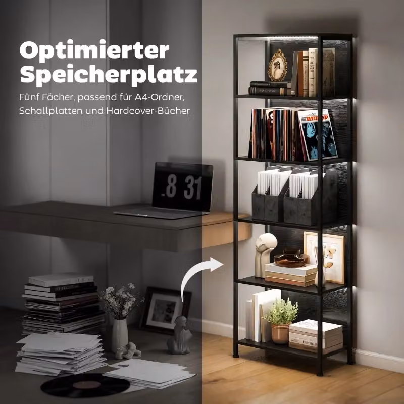 Libreria Industrial REDOM con 5 Ripiani e Illuminazione LED Integrata, Colore Nero, L 60 cm x P 30 cm x H 179 cm – 2