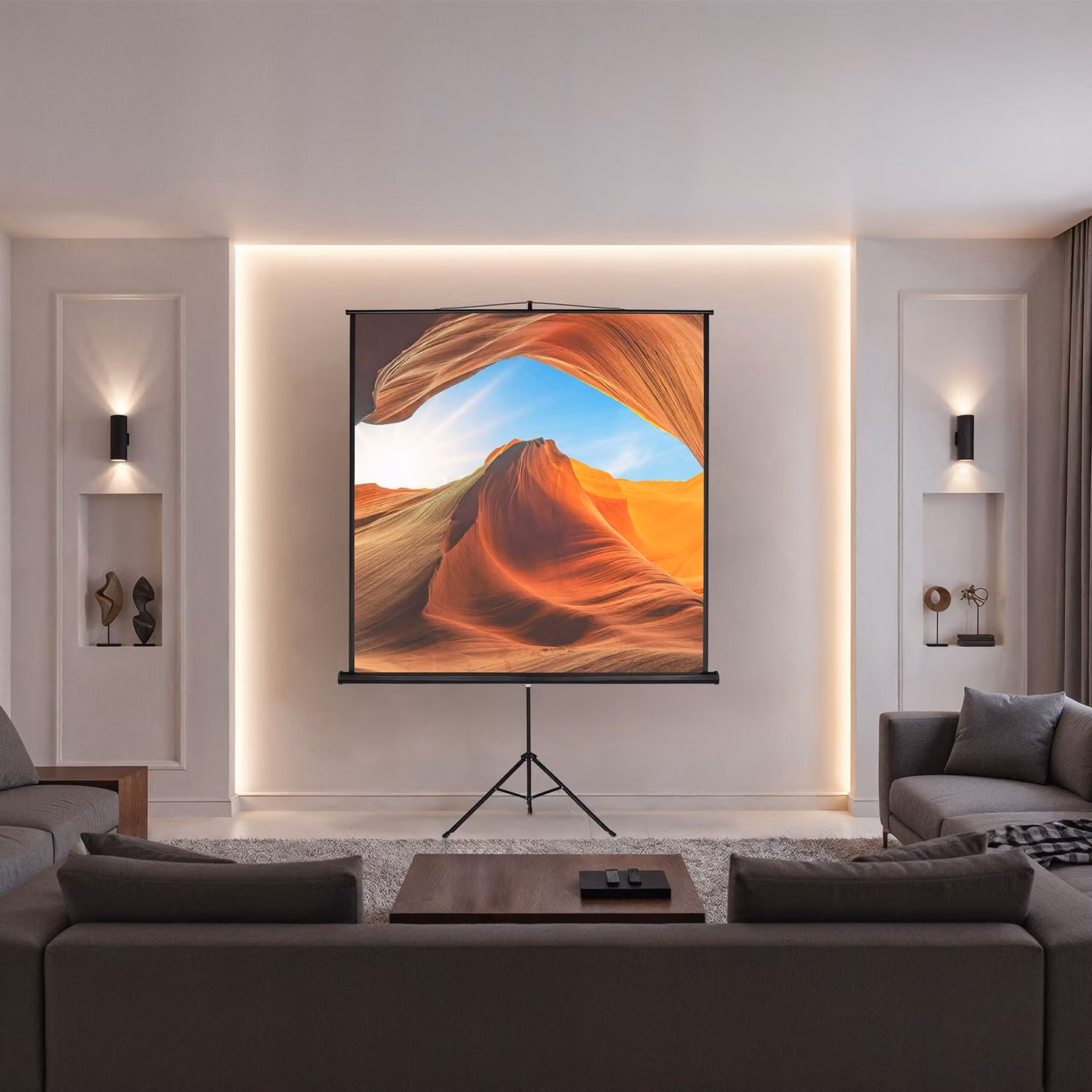 Schermo a treppiede Tectake bianco L 178 cm x H 178 cm con formato 1:1 – 2