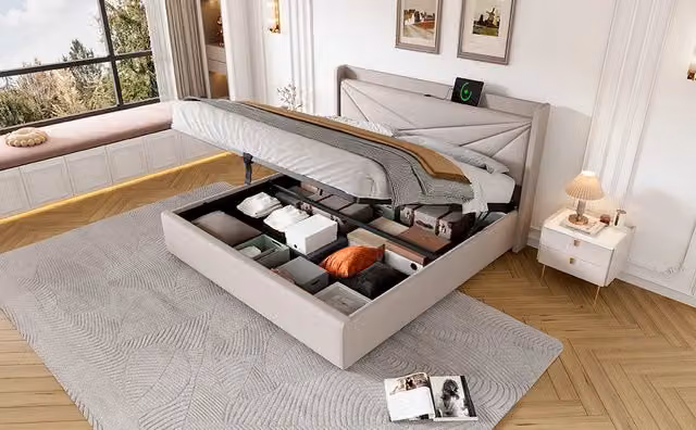 Letto contenitore imbottito con testiera a USB/Tipo-C, doghe in legno, lino beige, 160x200 cm, senza materasso