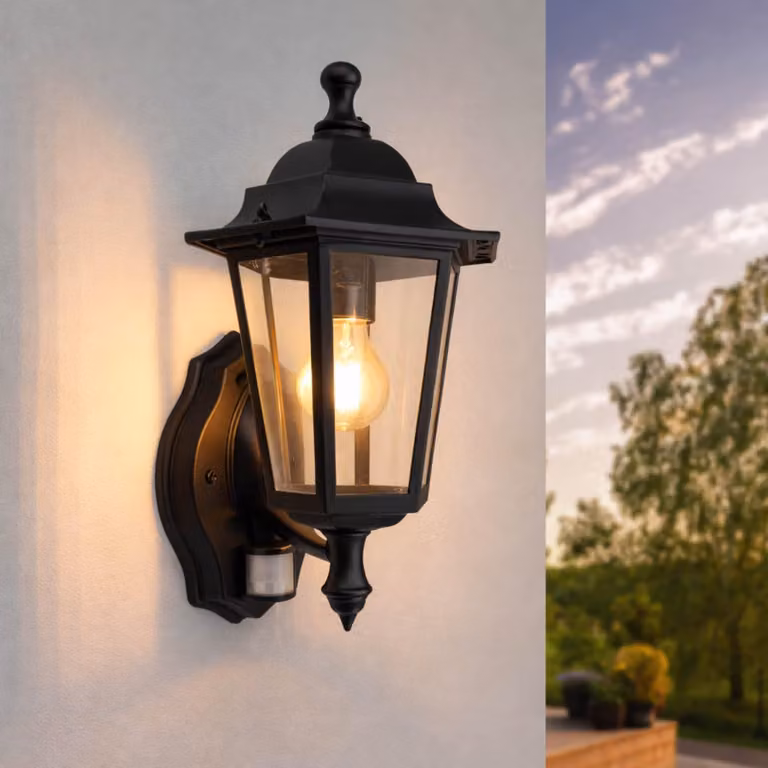 Lampada da parete con sensore, attacco E27, grado di protezione IP44, colore nero, 15W, senza lampadina