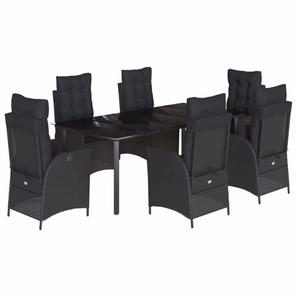 Set da Pranzo da Giardino 7 pz Nero con Cuscini in Polyrattan
