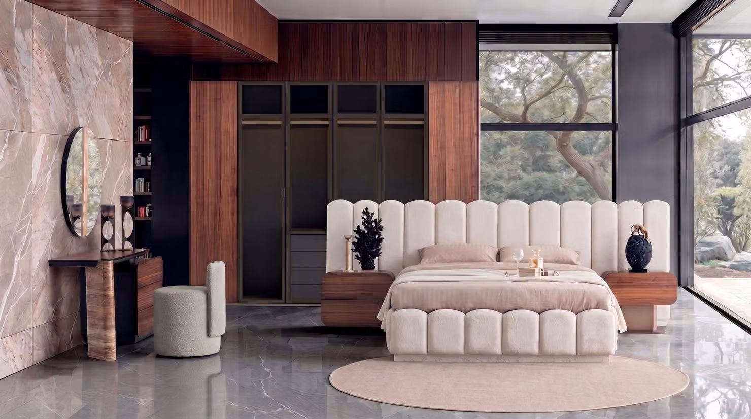 Set completo per camera da letto moderno, nei colori marrone e beige, comprensivo di letto e armadio