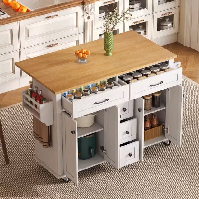 Carrello da cucina con piano pieghevole, 5 cassetti, 2 armadietti, portaspezie e portasciugamani, bianco naturale