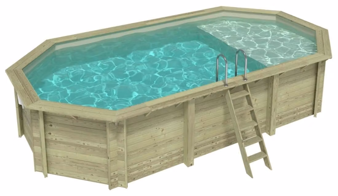 Piscina in legno NEMO 7.3 x 3.97 – H.1.45 m con spiaggia, sabbia, con supporti da cementare