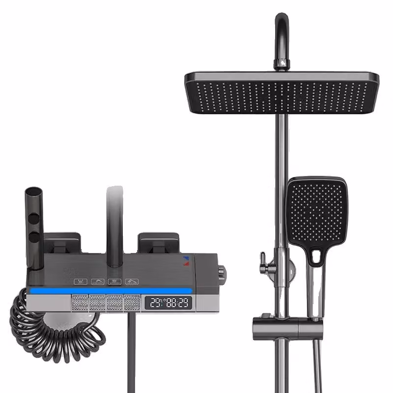 Sistema doccia termostatico con display digitale e asta regolabile in altezza da 75 a 115 cm, grigio