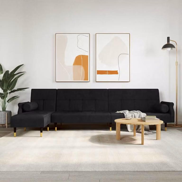 vidaXL Divano Letto a L in Velluto Nero con Funzione Notte Reversibile L/P/H: 271 x 140 x 70 cm