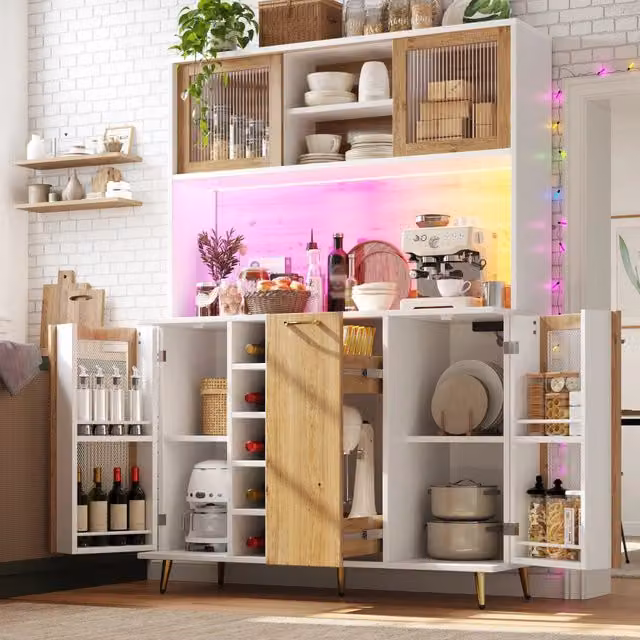 Credenza da cucina con LED e presa integrata, 4 vani chiusi, cassetto e portabottiglie, per cucina, 120 × 40 × 180 cm