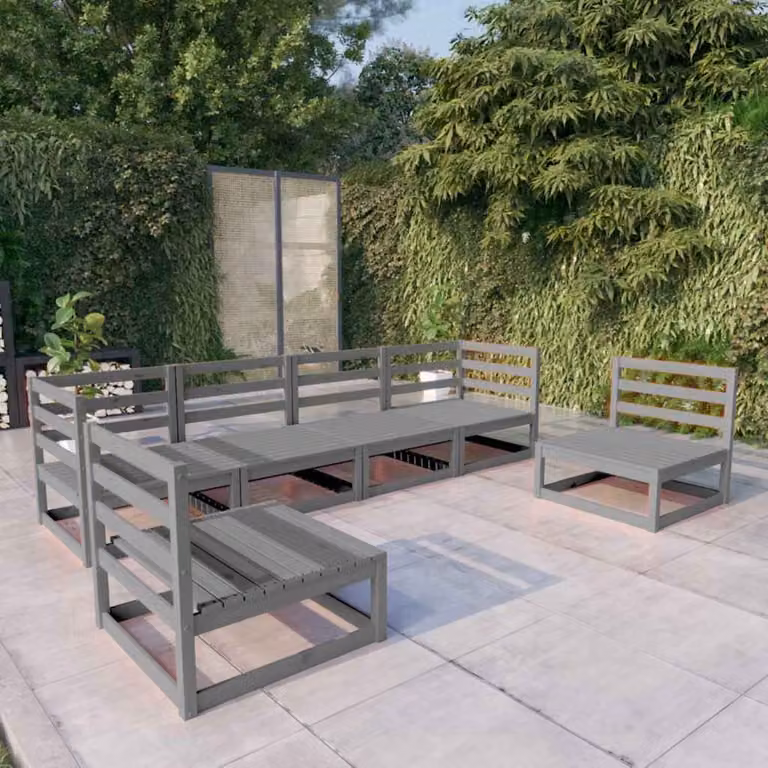 Set di divani da giardino vidaXL a forma di L in legno di pino con cuscini grigi, 6 pezzi