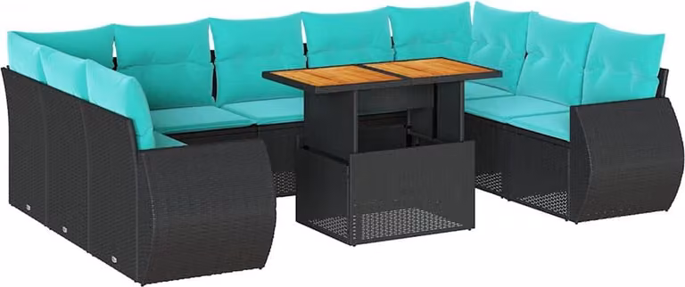 Set Divani da Giardino 10pz con Cuscini in Polyrattan Nero