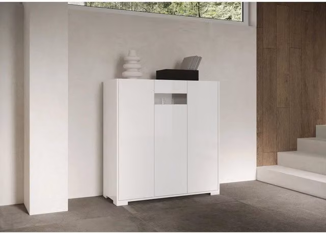 Credenza alta moderna 3 ante 100x35x110 cm Riflesso - Bianco Lucido