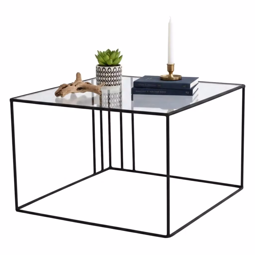 Tavolino da salotto Giacinta DMORA, forma quadrata con piano in vetro trasparente e struttura in metallo nero, L/P/H: 55 x 55 x 36 cm – 2