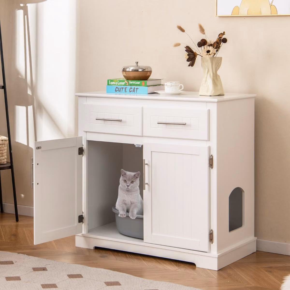 Costway Mobiletto per lettiera per gatti in legno con 2 cassetti, Design moderno, Bianco